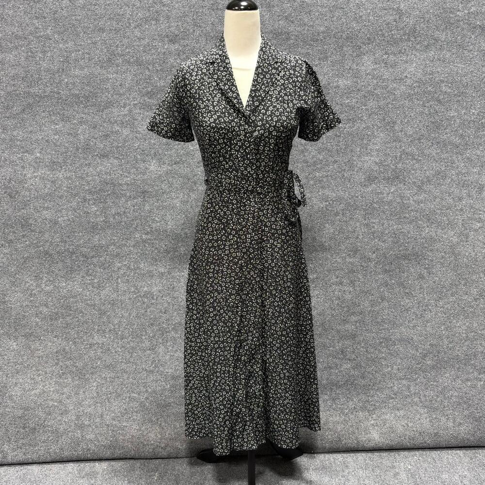 Club Monaco Dress Womens XS Black Silk Floral Wrap Belted Midi Short Sleeve